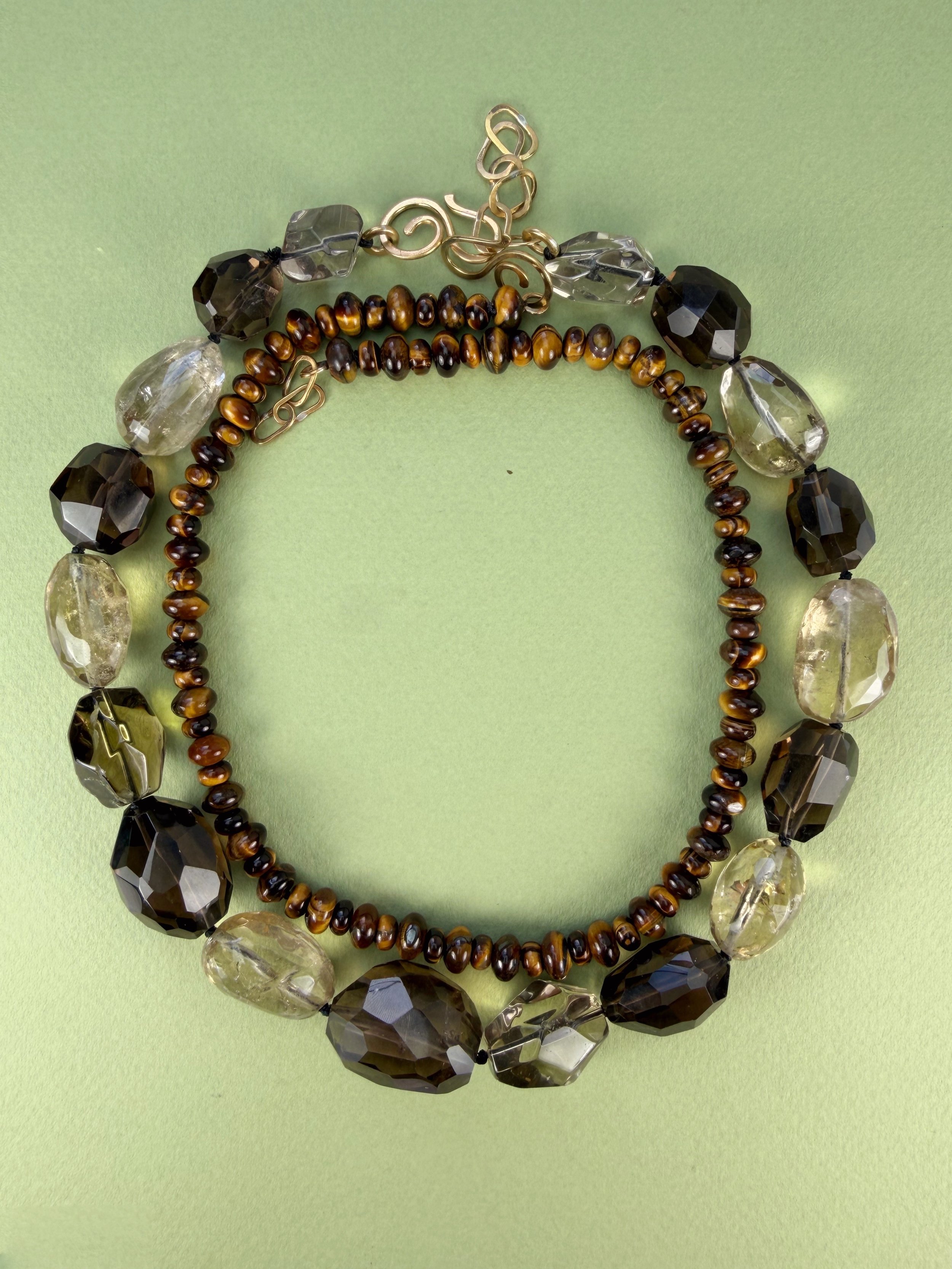 Tiger Eye Stone Bead Necklace surrounded by Citrine and Smoky Quartz Stone Bead Necklace