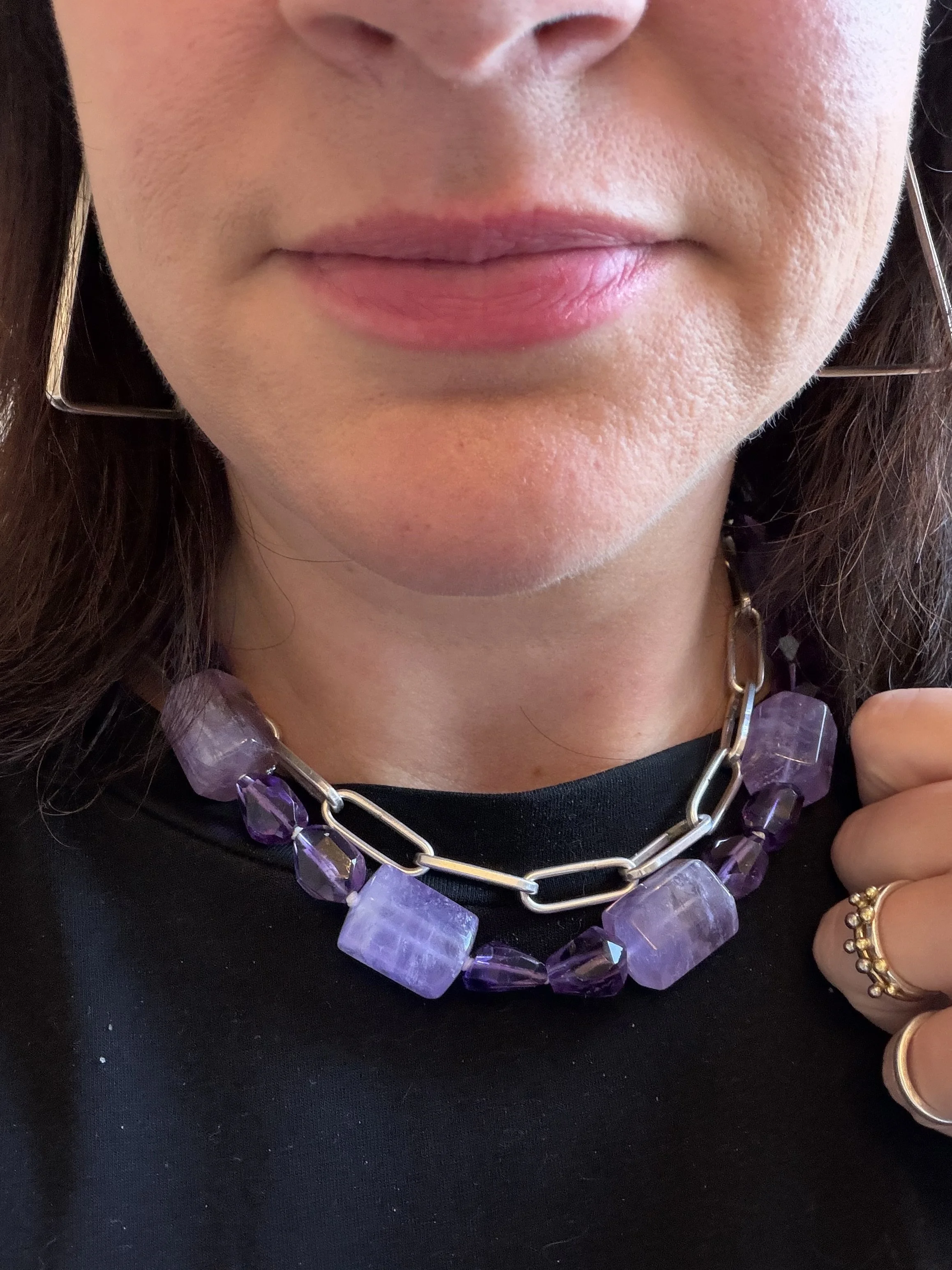 amethyst stone bead necklace on woman