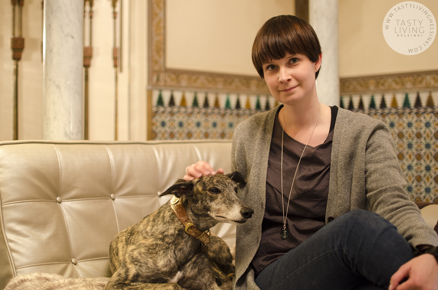 Me at Klea's house with her greyhound Fabiola. Photo © Mireia Costa Escobar