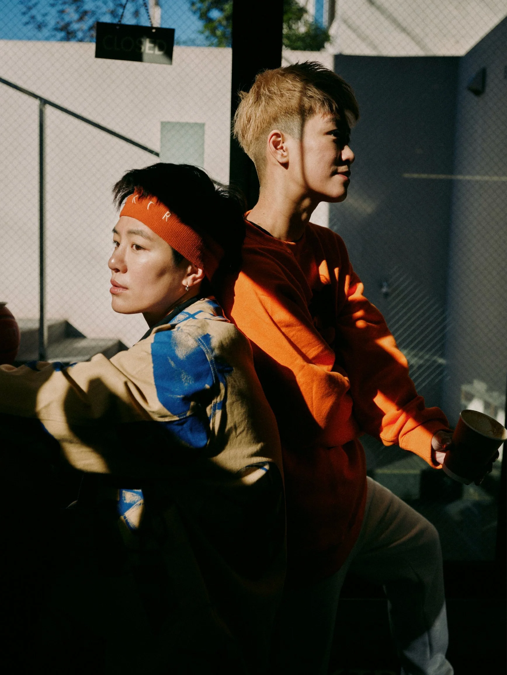 Two young men in AKTR streetwear with bleached hair, AKTR basketball fashion campaign, Japan — Victor Marvillet photographer
