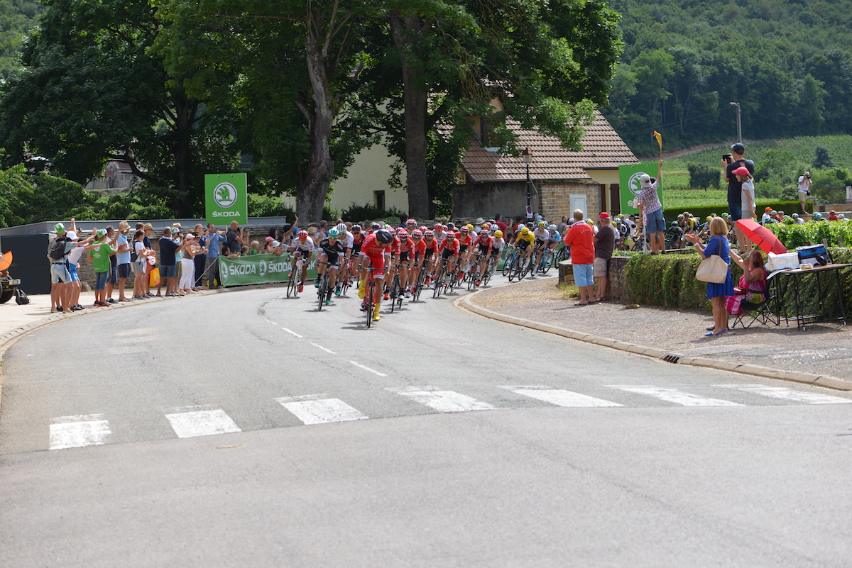 The Tour de France descending the Combe de Lavaux 7 July 2017