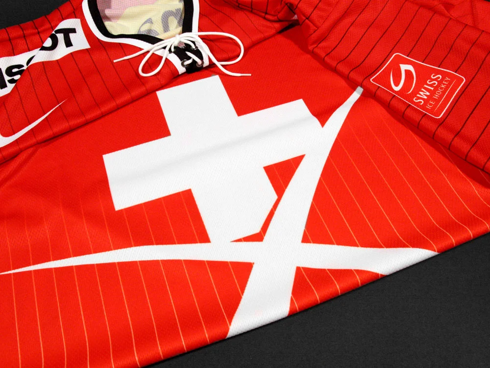 Close up on Swiss Ice Hockey' national team's jersey. 