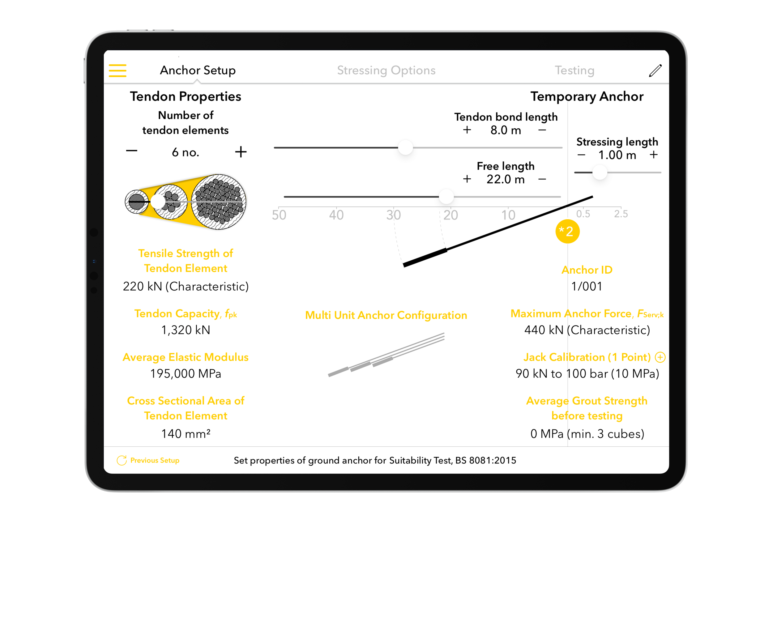 Intuitively configure anchor design parameters for conventional and multi unit anchor tendons.