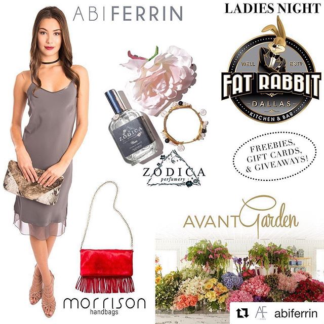 #Repost @abiferrin (@get_repost)
γ»γ»γ»
Tonight!!!! @morrisonhandbags & @abiferrin at Ladies Night at @fatrabbitdallas ππΎ with a live fashion show! Join us from 6-11p featuring awesome giveaways from @avantgardenbytodd @morrisonhandbags @zodicaperfumery @dallaslipo @fitfairyyoga @amp1037