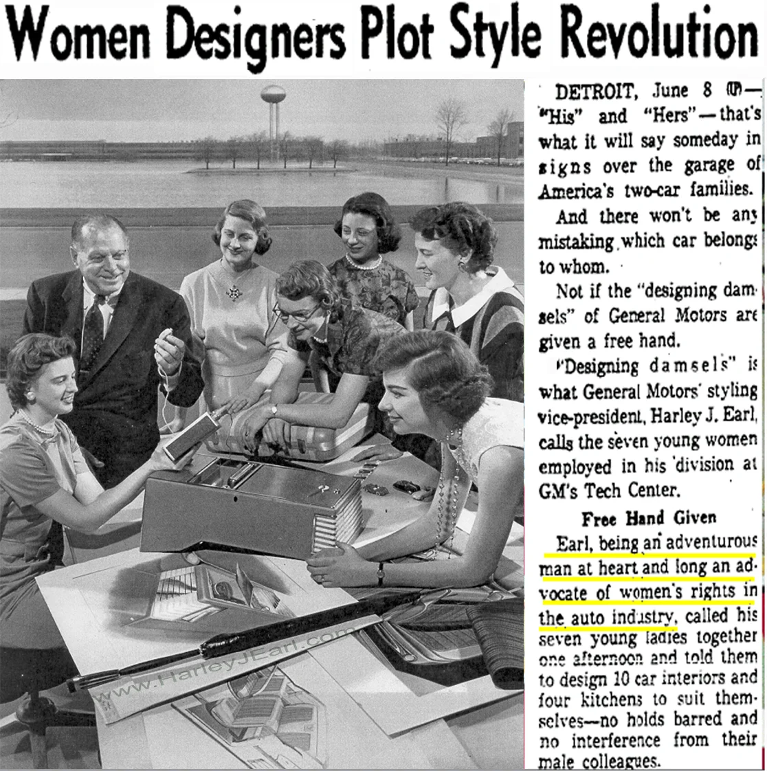The article's last paragraph above demonstrates how women car designers were being fast-tracked and being groomed to become "studio heads" at Cadillac, Buick, Oldsmobile, etc. in the not too distant future. Designer-Earl knew it was better to tackle this "equality" issue sooner rather than later.