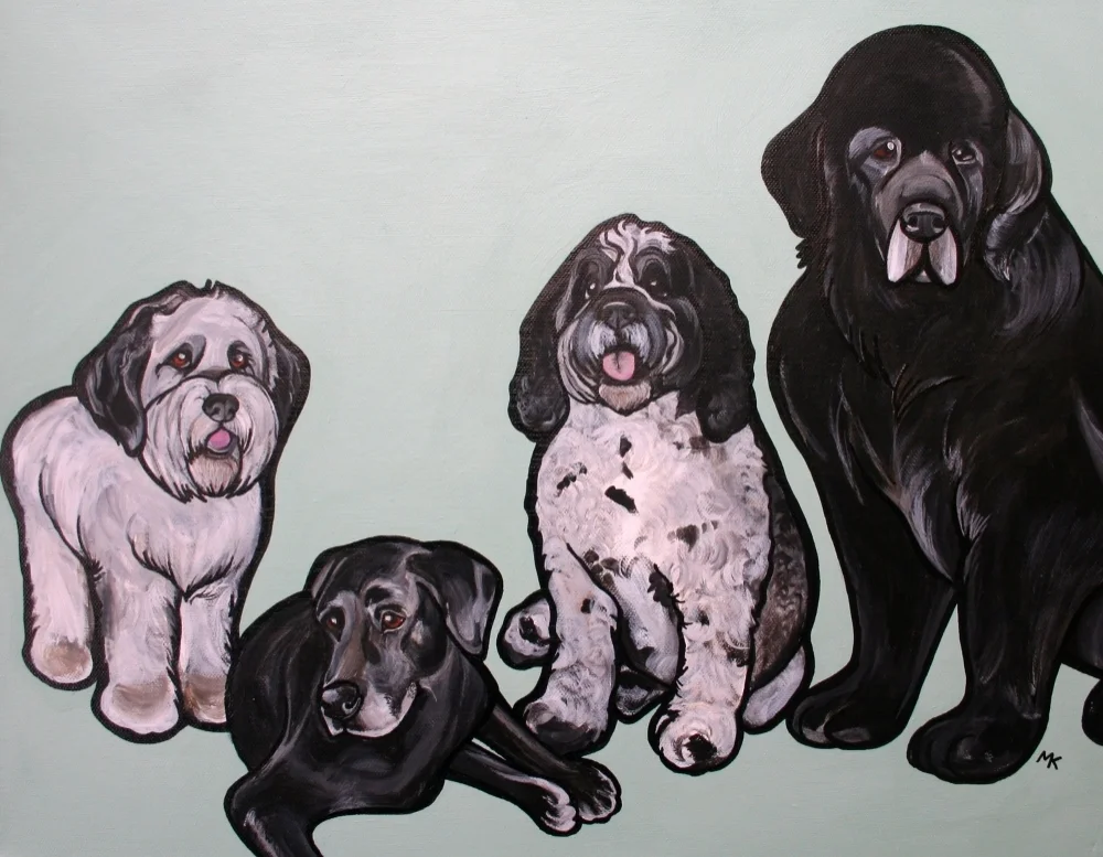 This was a tricky painting because all of these dogs were not alive at the same time. I had to look through a TON of photos and communicate a lot with the client to make sure I had their relative size correct. Now all of the dogs get to hang out for the first time in this painting! How cool is that??