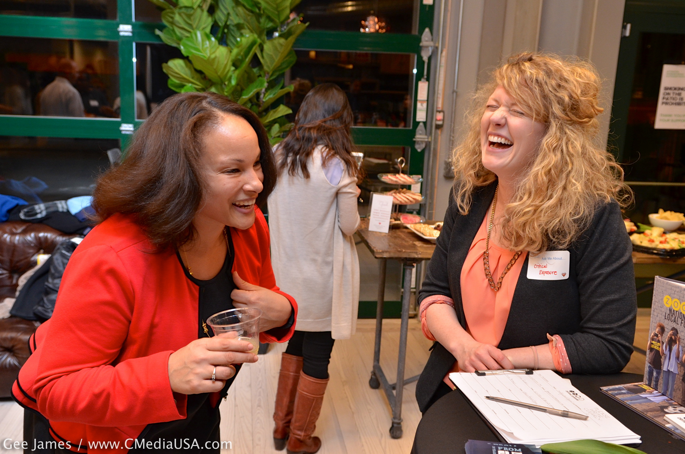  Jacquelyn Horstmann of Critical Exposure shares a laugh with Camille Harris, a board member with the ClancyWorks Dance Company/Photo by Gee James for Capitol Media 