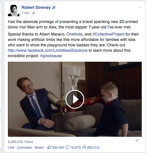 Screen shot from Facebook page of Robert Downey, Jr. 