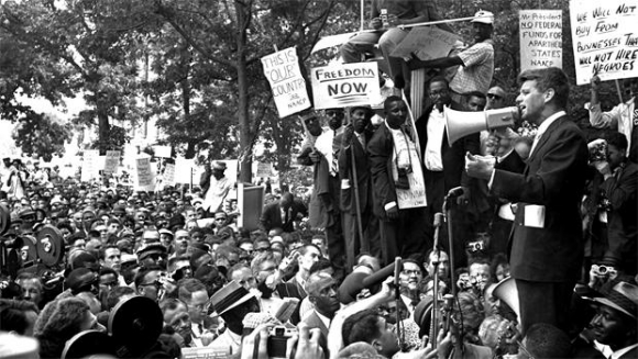Robert F. Kennedy (then U.S. attorney general) addresses demonstrators in front of the Justice Department, June 14, 1963/Photo credit: CBS News