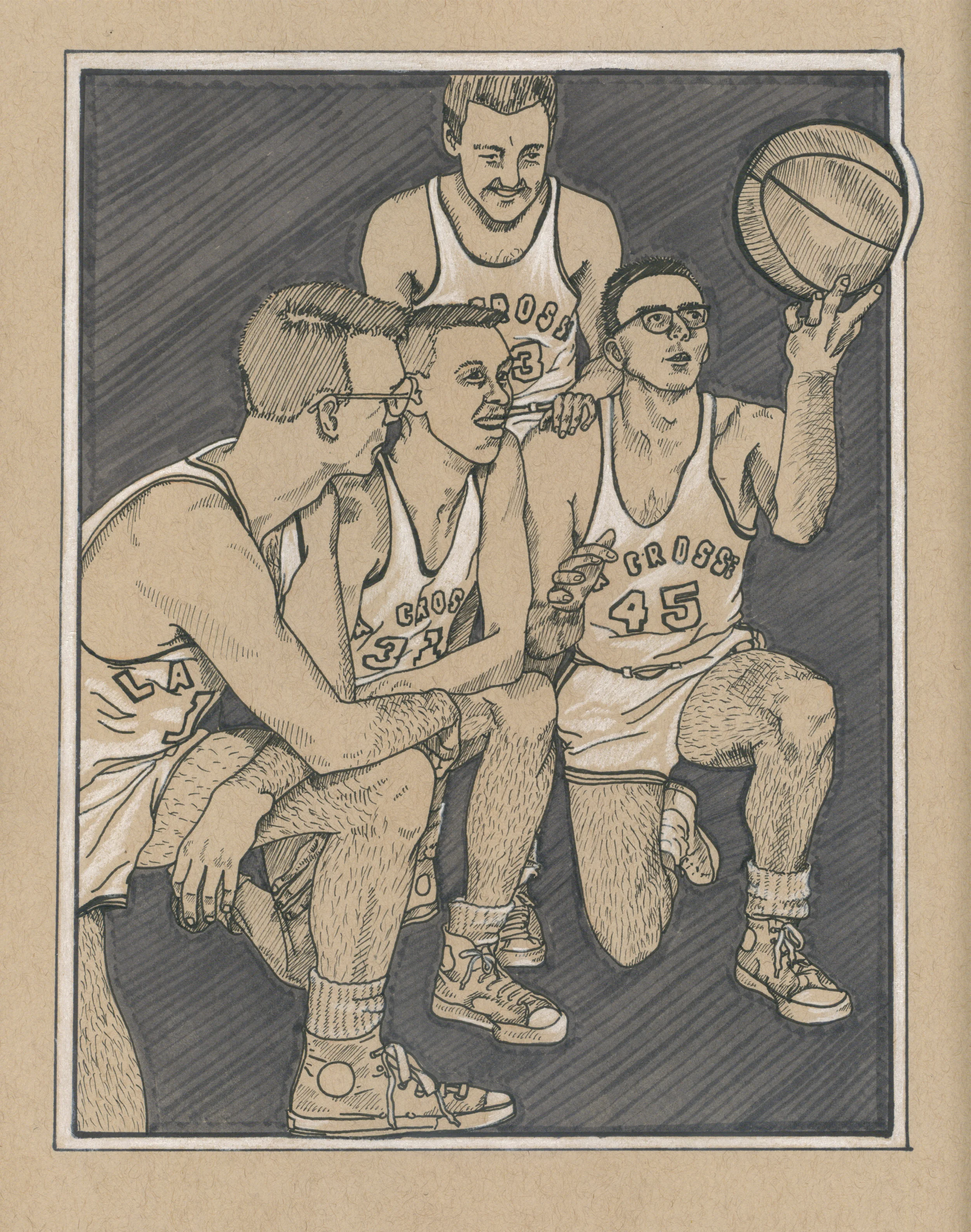 La Crosse Basketball 8.5 x 11 pen and white charcoal 2014 NFS
