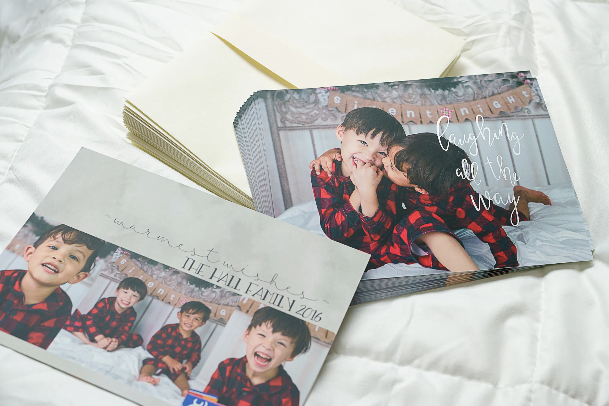 ❄ You can order sets of 24 Custom designed foil pressed Holiday cards-- all ready to mail by the first week of December! If you want to add extra, cards to your included 24 cards, the pricing is as follows: 24 more cards- $60 48 more cards- $110 72 more cards- $150