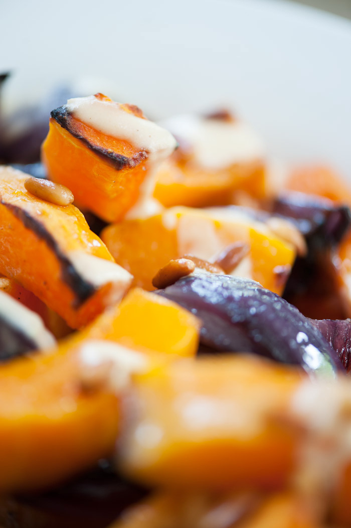 Roasted Butternut Squash and Red Onion with Tahini Dressing