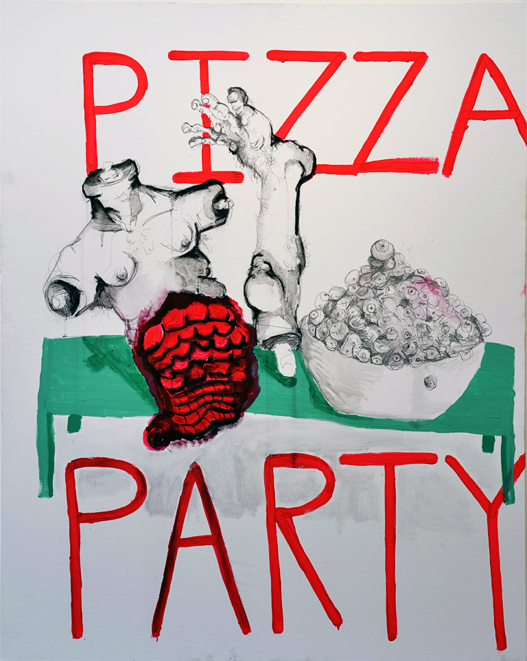 still life with green table (at a pizza party), 60x48in, acrylic, marker, graphite on canvas