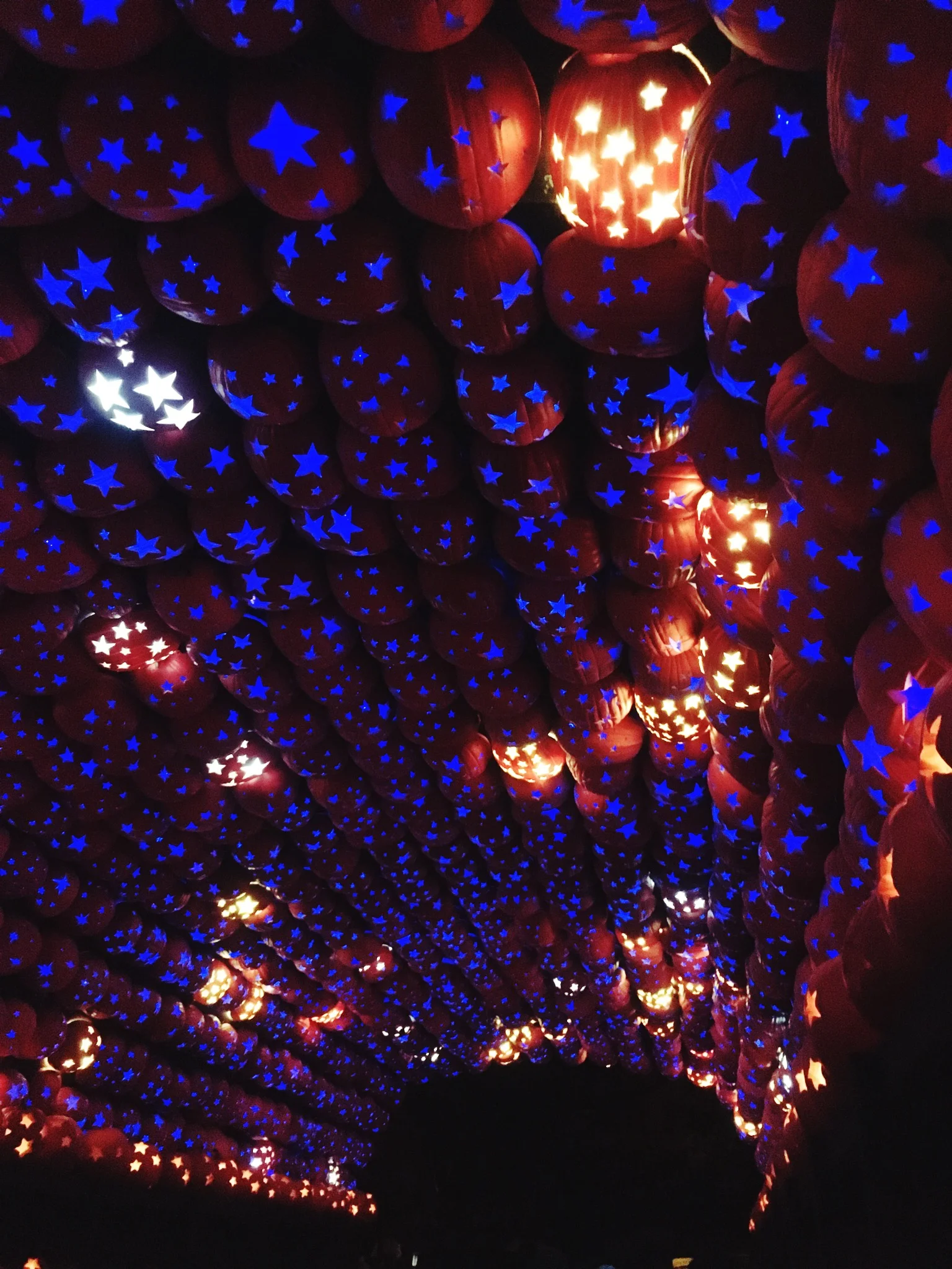 Pumpkins carved to resemble the night sky. 