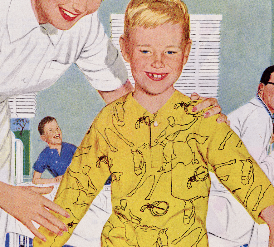 Conner, child bounding out of his hospital bed due the healing properties of air conditioning! Note a) closed window with tiny patch of green, and b) the excellent bucking bronco pajamas that little Chip is sporting today. 