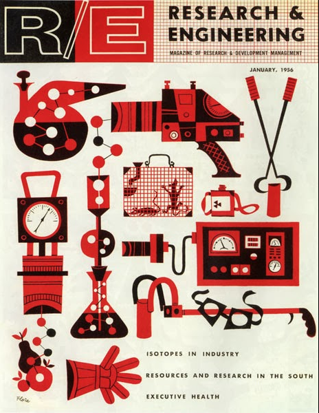 For starters: a set of scientific instruments, translated into engaging form using a slightly abstract sensibility and a two-color palette. Jim Flora, cover illustration, Research and Engineering , January 1956.