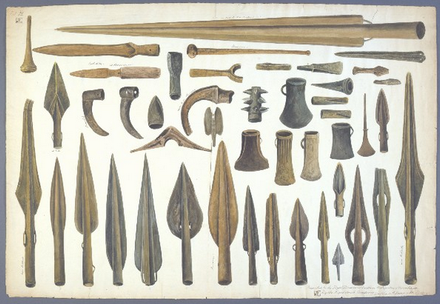 An index of weaponry. Spearheads . A Scandinavian expert memorably named Worsaae catalogued Viking artifacts in the British Isles in 1846-47. This is one of 12 watercolors (No. 3, to be precise) to appear in An Account of the Danes and Norwegians in England, Scotland, and Ireland in 1851-52.