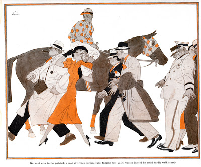 Harry Beckhoff, We went over to the paddock, a mob of Irene's picture fans tagging her. Two-color illustration for Collier's Weekly, January 23, 1937