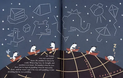 Seibold, Mr. Lunch paddles over the top of the world, watched over by constellations, in Mr. Lunch Borrows a Canoe .