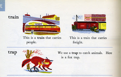 Joseph Low, illustrated entries for "fair," “trains" and "trap," Rainbow Dictionary, World Publishing Company, Cleveland, 1947