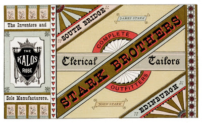 Stark Brothers, Clerical Taylors , printed by John Baxter & Son, Artistic Printers, Edinburgh, Scotland; letterpress-printed advertisement 1882, reprinted in The Handy Book of Artistic Printing by Doug Clouse and Angela Voulangas, Princeton Architectural Press, 2009