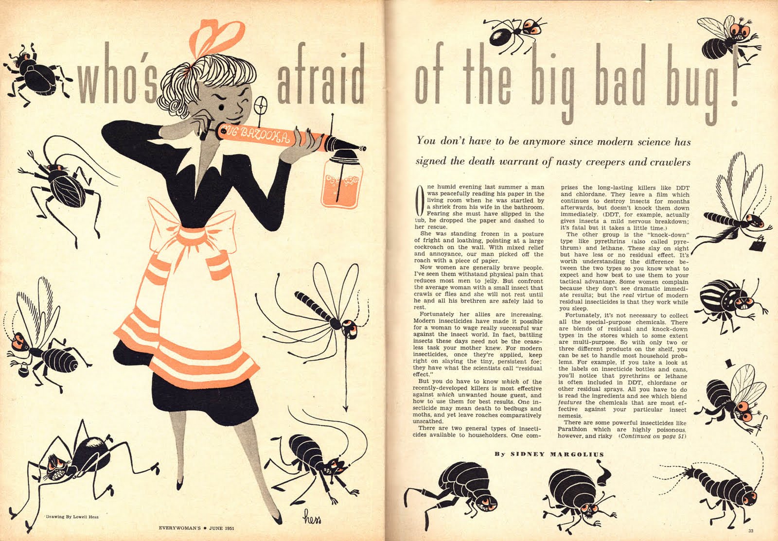 Lowell Hess, fiction illustration for Who's afraid of the big bad bug? Every Woman Magazine, June 1951. 