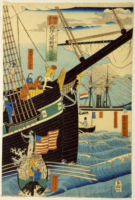 Hashimoto Sadahide, Picture of Western Traders at Yokohama Transporting Merchandise, 1861; here, a flattened-space window onto the east-west exchange which, moving from Japan to Europe and America, had such an influence on visual modernism, dubbed japonisme by the French