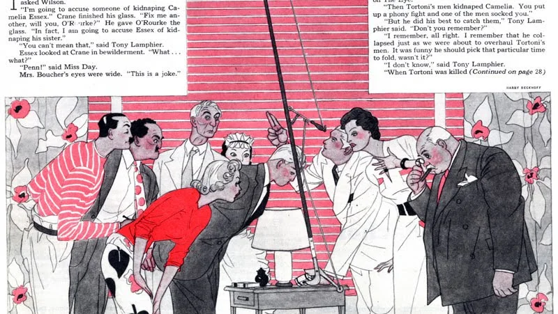 Harry Beckhoff, Slowly the Clawlike Blades Closed Over the Package of Cigarettes, interior magazine illustration, Collier's, January 29, 1938