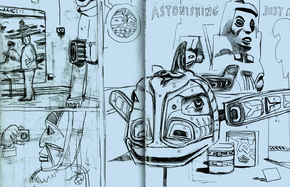 D.B. Dowd, Northwest American Indian Gallery, Denver Art Museum, pencil drawing on sketchbook spread, 2008