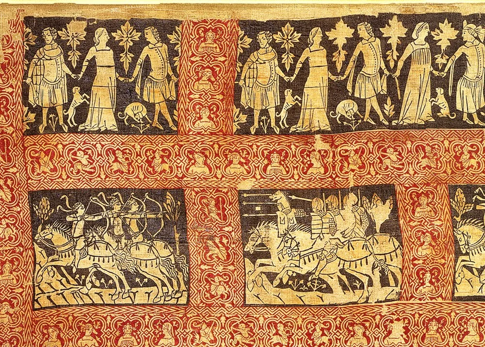 The Sion Textile, North Italian (probably Venetian) woodcut on linen depicting the Legend of Oedipus, oldest extant printed textile in Europe, second half of the 14th century