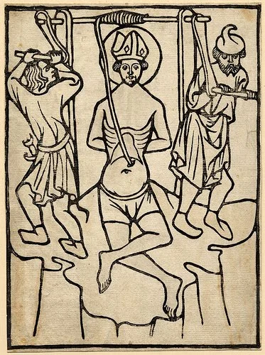 The Martyrdom of St. Erasmus, an unattributed early German woodcut, likely Bavaria, 1400-1450
