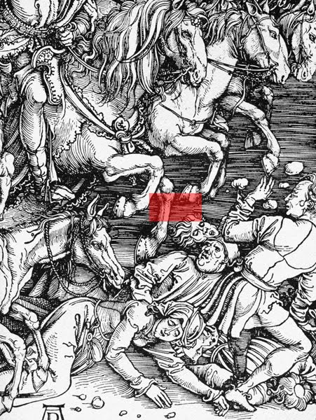 Albrecht Dürer, details from Four Horsemen of the Apocalypse, woodcut, circa 1497-98