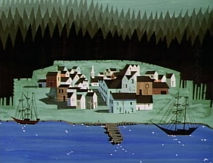 Eyvind Earle, backgrounds for Paul Bunyan, animated short, Walt Disney Studios, 1958