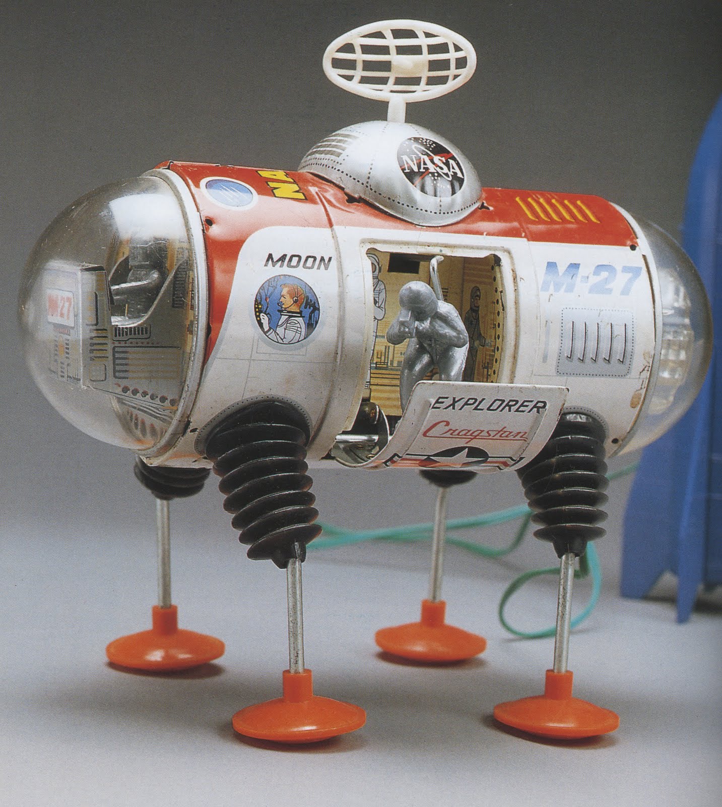 Moon Explorer, tin toy by Yonezawa, 1960s; and Capsule 6, tin toy by Masudaya, 1960s; both photographs by Yukio Shimizu, reproduced in Robots, Spaceships and Other Tin Toys, Taschen, 2006 (first edition 1996)