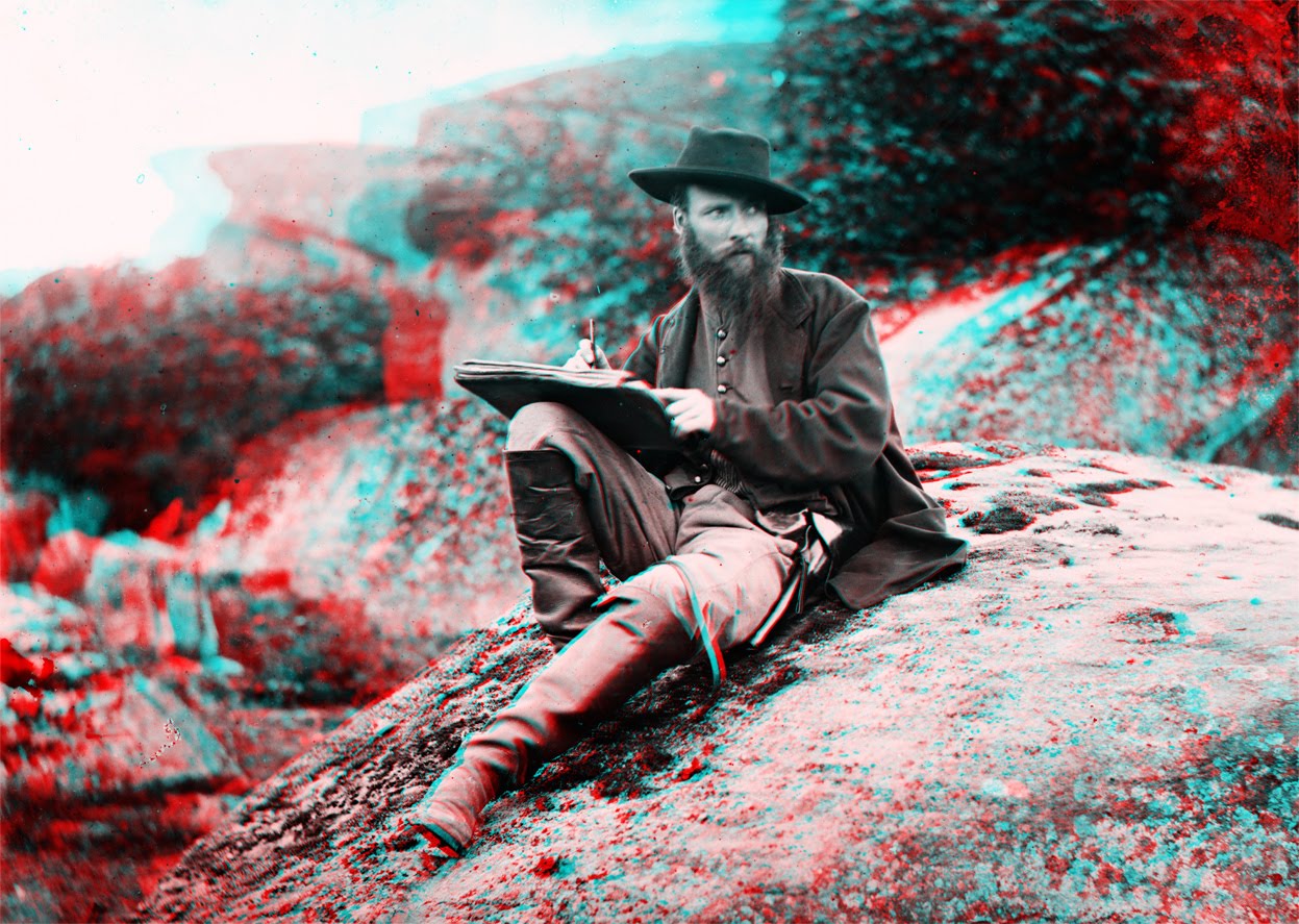 Timothy O'Sullivan, Stereophotograph of Alfred Waud in Devil's Den at Gettysburg, 1863. 