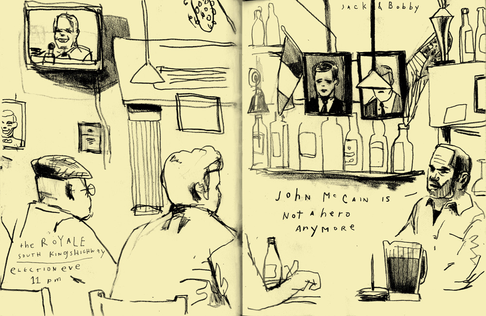 D.B. Dowd, At the Royale, Election Eve, Election Sketchbook, published by the St. Louis Beacon, November 4, 2008
