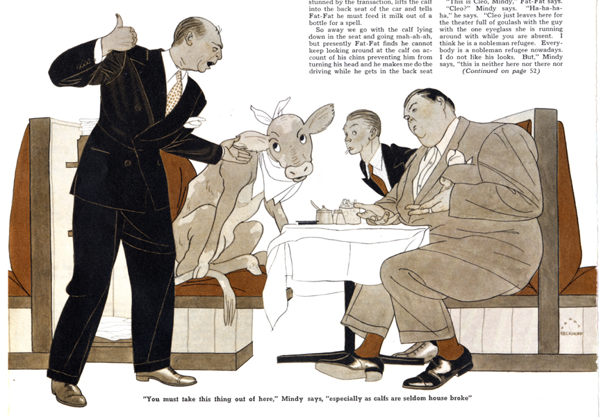 Harry Beckhoff, "You must take this thing out of here," MIndy says, "especially as calfs are seldom housebroke." I nterior fiction illustration for Collier's, June 12, 1941.