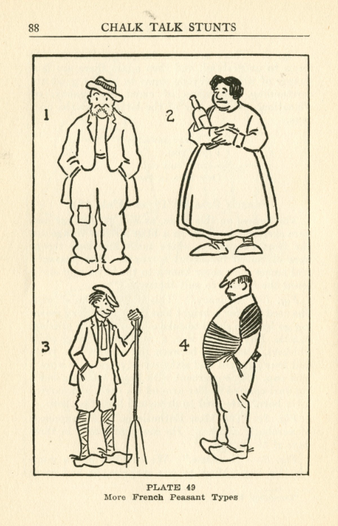From Harlan Tarbell's Chalk Talk Stunts , Denison and Company, 1926. Recollections of the war in France inform these pictures, which are among the least objectionable in the entire book. (Another time.)
