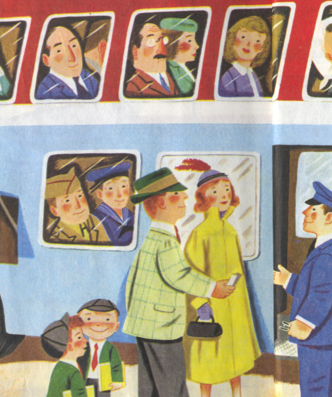 Richard Scarry, in Cars and Trucks , a Golden Book. 1951. A detail of a bus-boarding process.