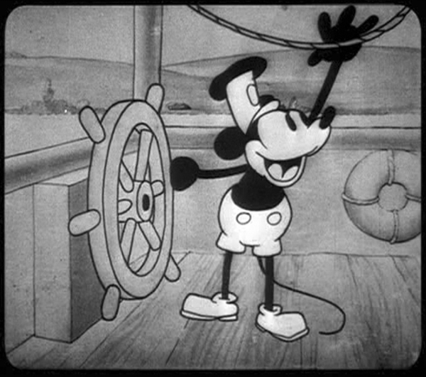 Mickey may not be people , strictly speaking, but his gigantic hands and feet are relevant for cartoon personages. From Steamboat Willie , 1928.