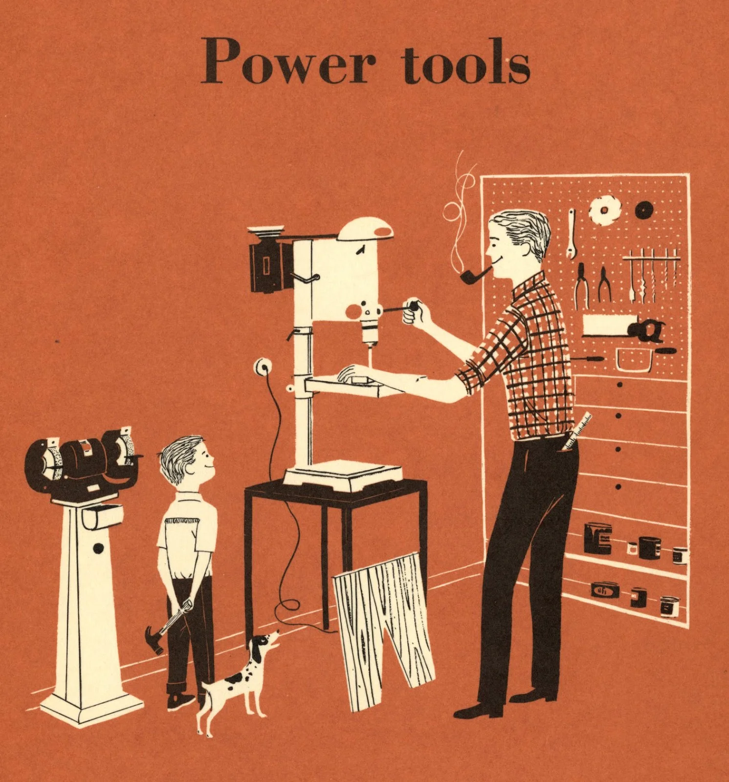 Lorraine Fox (uncredited), Power Tools , section divider illustration, Better Homes & Gardens Handyman's Book , Meredith Corporation, 1957.