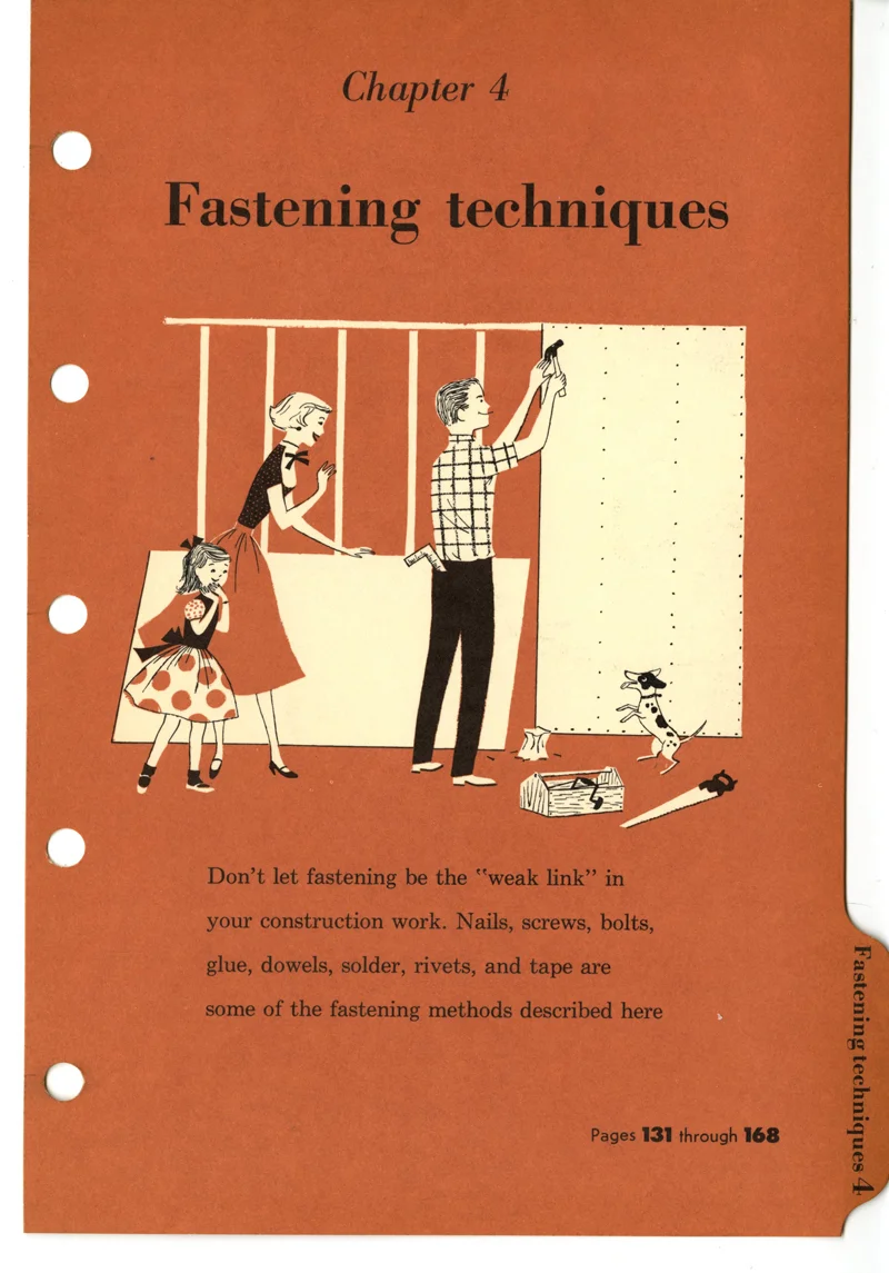 Lorraine Fox (uncredited), Fastening Techniques , section divider illustration, BH & G Handyman's Book , 1957.