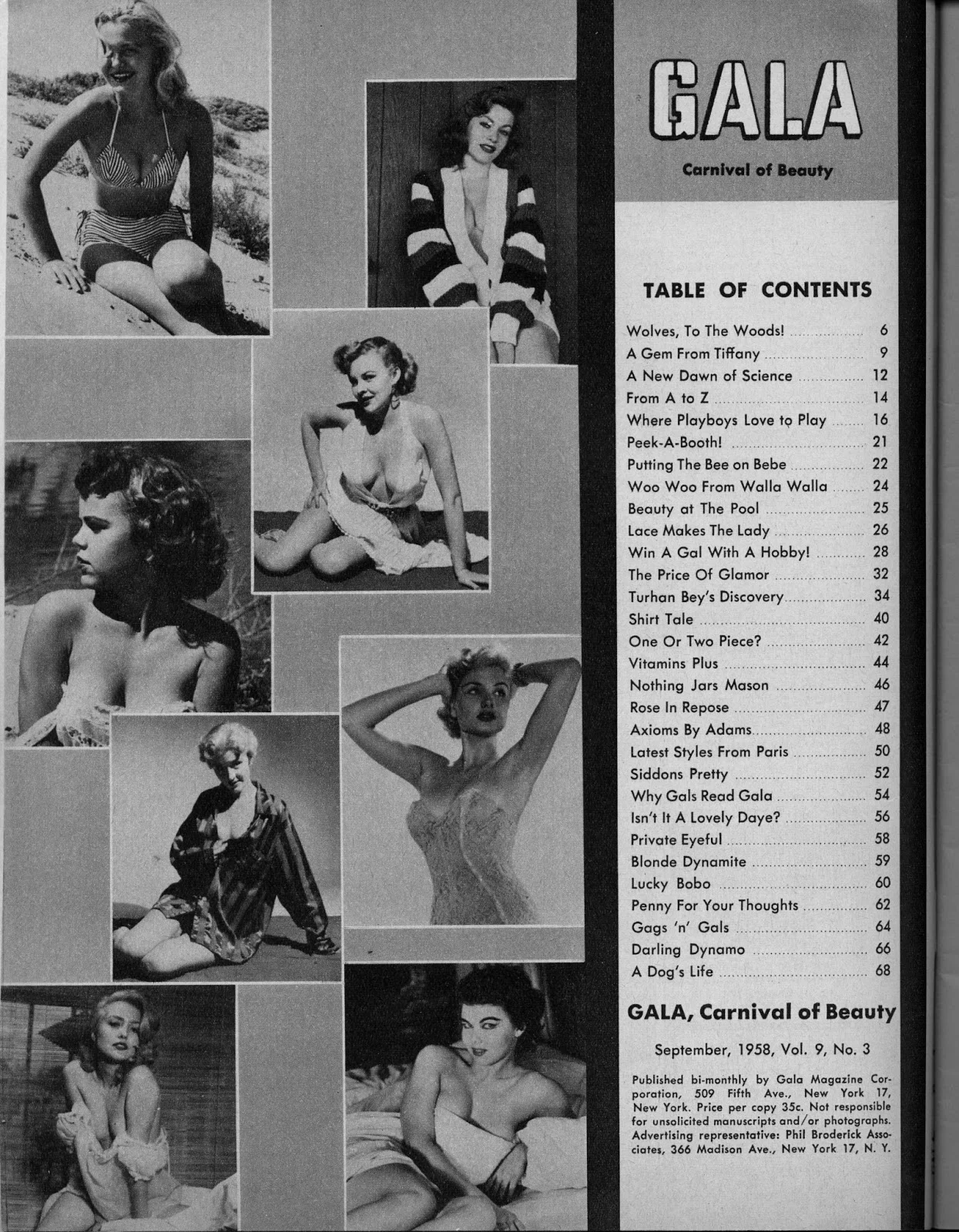 Gala table of contents; advertisement for stag films, HPB Enterprises, Culver City, California