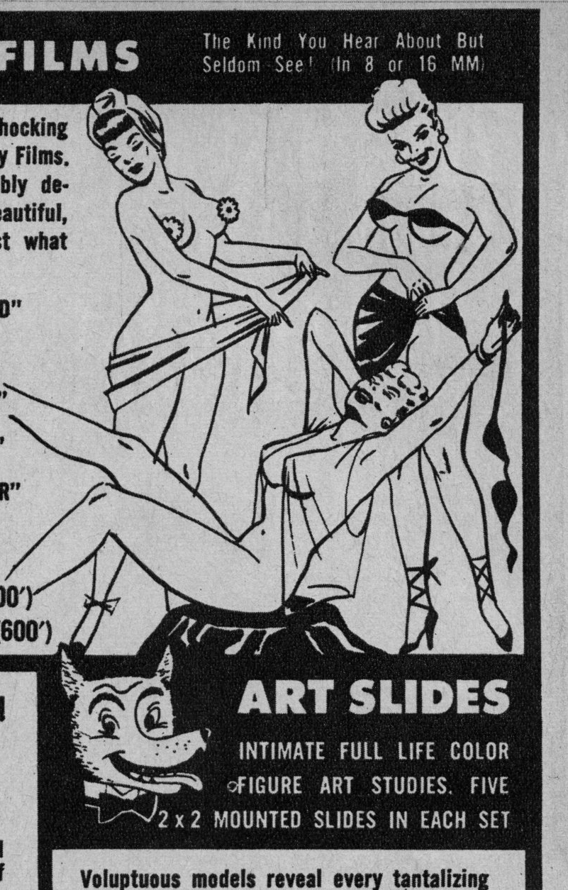 Detail with burlesque women and wolf figure, stag film advertisements in Gala.
