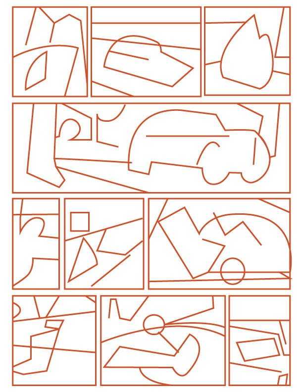 The motorcycle chase scene broken down into abstract compositional studies. 