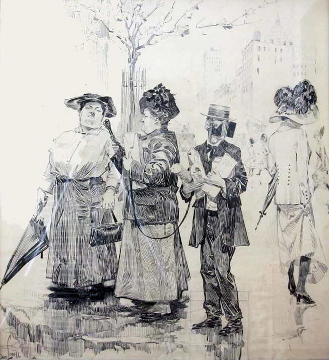 Orson Lowell, cartoon for Life Magazine, September, 1912. (Yes, that's a man on a leash wearing horse blinders. Tension over gender roles?) The Lowell drawing is surprisingly large in scale, and shockingly refined. We have three such drawings in the collection. We also have 82 small studies by Lowell. So much more to see!