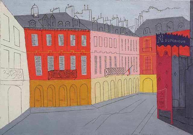 a Stuart Davis not pinned up now, but on my wall in Paris last July and August, Place des Vosges No. 2 , 1928 (the actual place in Paris being worthy of comment, but not here and now)