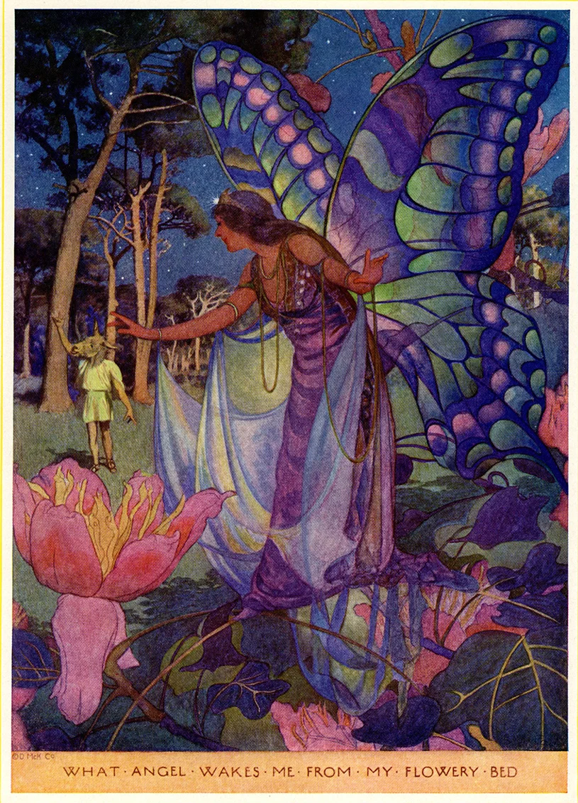 Elizabeth Shippen Green, What angel wakes me from my flowery bed , illustration for a tale from A Midsummer Night's Dream in Tales From Shakespeare by Charles and Mary Lamb, 1922. (Note Bottom with an ass head back left.)