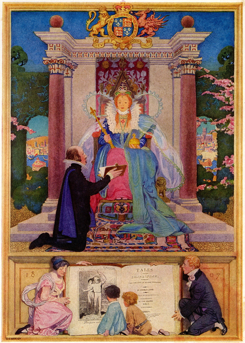 Elizabeth Shippen Green, frontispiece illustration showing the Bard on his knees, offering a folio to Queen Elizabeth enthroned for Tales From Shakespeare . The predella features a family with young readers kneeling before an elephantine edition of the Lambs' book, possibly the 1866 edition illustrated by Gilbert. An ersatz virgin in glory. 