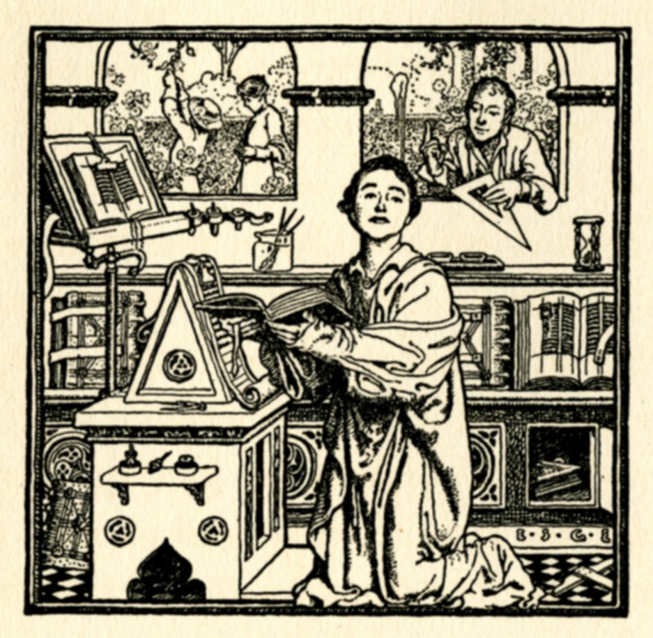 Elizabeth Shippen Green, detail, illustrator's note with self-portrait . This is speculation on my part, but the figure leaning in the window with the 30-60-90 triangle is probably ESG's husband Huger Eliiott, an architecture professor, with whom she collaborated on an alphabet book in the 1940s. (A copy of which I would like to find.) 